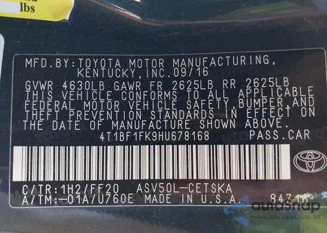 2017 Toyota Camry Se из США, поврежденный, VIN 4T1BF1FK9HU678168